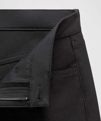 Close-up of a black jacket with zippers and buttons on a light gray background